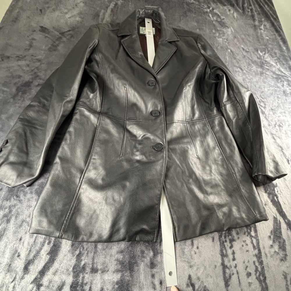 Worthington Leather Coat Women Large Black Lambskin Button Front Jacket 5130